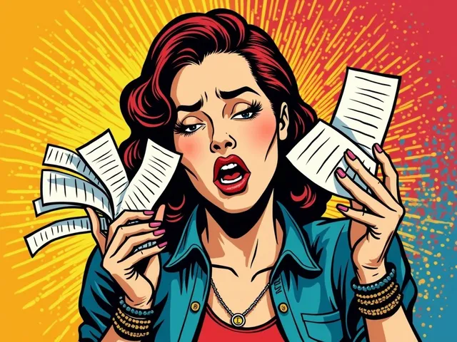 Pop-art illustration of a stressed business owner juggling receipts