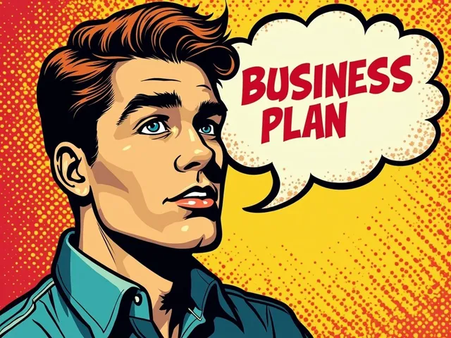 Pop-art illustration of a man with a "business plan" speech bubble