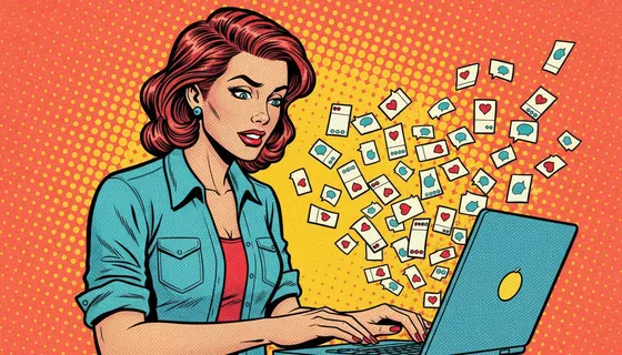 Pop-art comic illustration of a determined small business owner typing at a laptop as dozens of social media post cards stream out of the screen