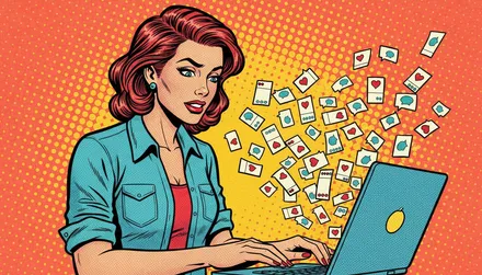 Pop-art comic illustration of a determined small business owner typing at a laptop as dozens of social media post cards stream out of the screen