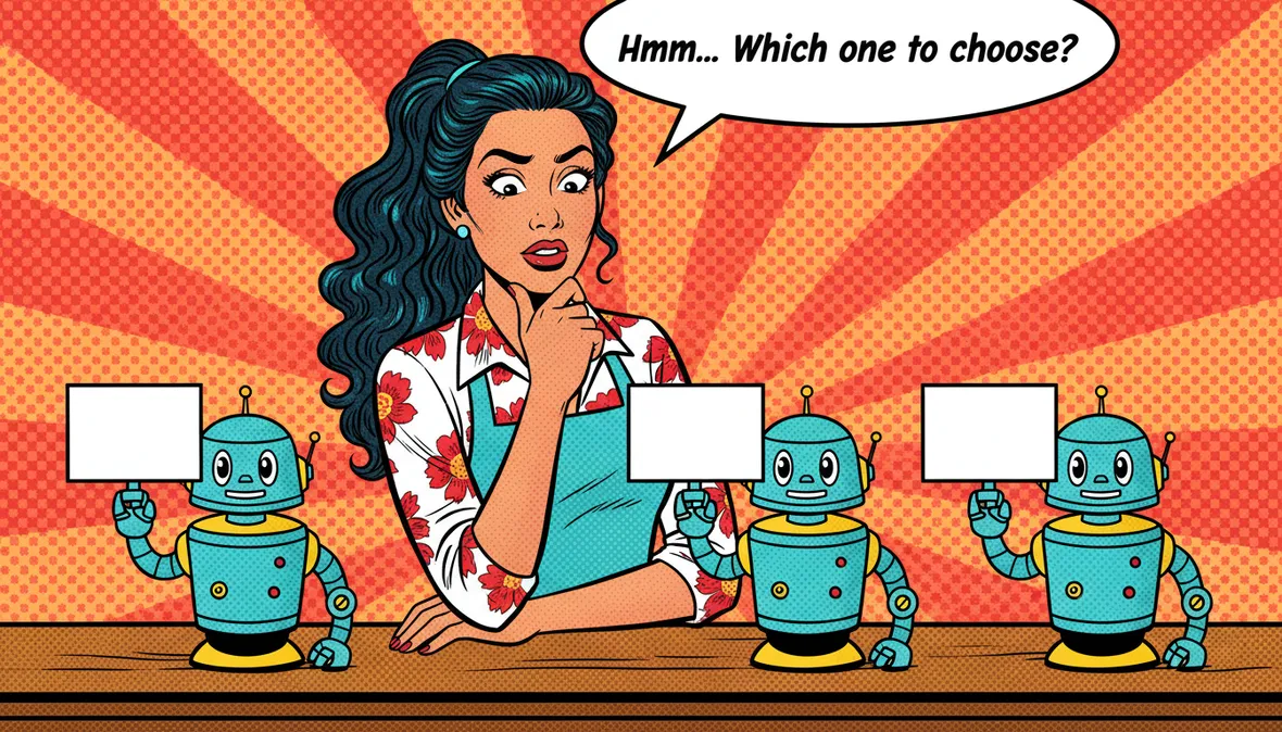 Pop-art comic illustration of a small business owner at a shop counter weighing up three friendly robot assistants lined up in front of her