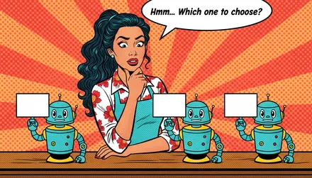 Pop-art comic illustration of a small business owner at a shop counter weighing up three friendly robot assistants lined up in front of her