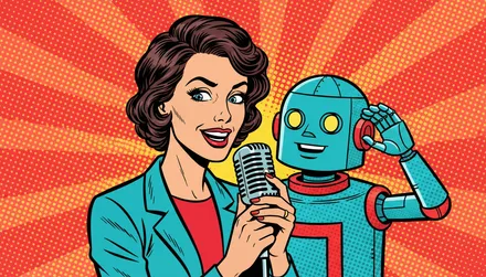 Pop-art comic illustration of a confident marketer speaking into a vintage studio microphone while a friendly teal robot beside her cups its metal hand to its ear, learning her voice