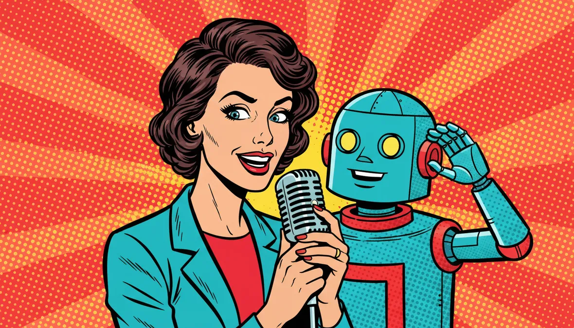 Pop-art comic illustration of a confident marketer speaking into a vintage studio microphone while a friendly teal robot beside her cups its metal hand to its ear, learning her voice