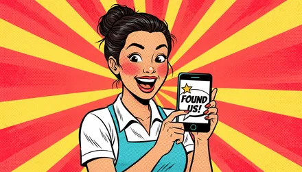 Pop-art comic illustration of a delighted shop owner in an apron holding up her phone, which shows a starred AI chat answer saying 'Found us!'