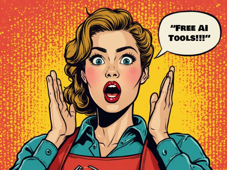 Free AI tools announcement - Pop art woman excited about artificial intelligence resources and downloads