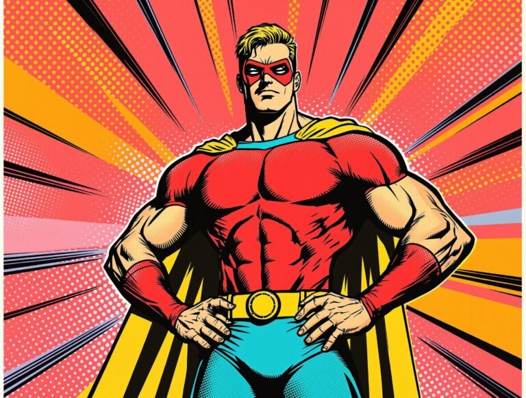 Bold comic book superhero in red and yellow costume, standing confidently with hands on hips against a vibrant pop art background.
