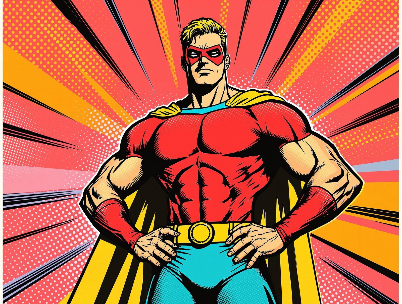 Bold comic book superhero in red and yellow costume, standing confidently with hands on hips against a vibrant pop art background.